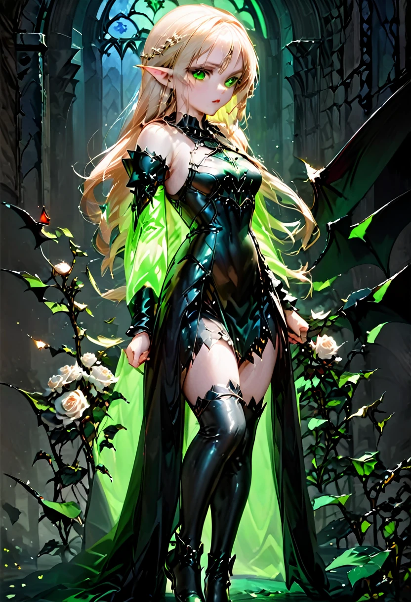 Dark fantasy art, fantasy art, goth art, a picture of the elf Princess Zelda as vampire, exquisite beauty, full body shot, dark glamour shot, pale white skin, blond hair, long hair, wavy hair, (glowing green: 1.3) eyes, she wears a (green: 1.3) intricate armor, thigh high heels, , ArmoredDress, the roses are imprinted on the dress (black: 1.4) black roses betmd, high heells, dark castle porchm, dark, black and colorm, Dark Art Painting Style