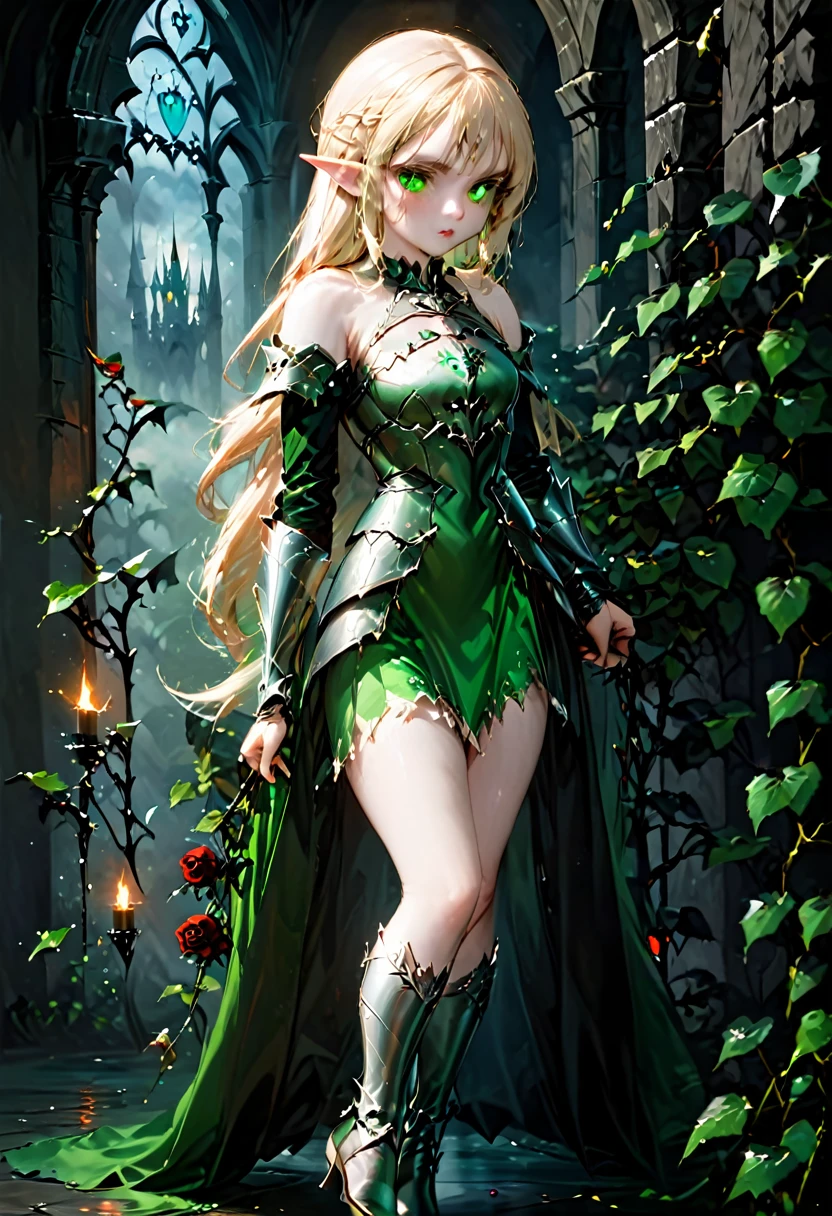 Dark fantasy art, fantasy art, goth art, a picture of the elf Princess Zelda as vampire, exquisite beauty, full body shot, dark glamour shot, pale white skin, blond hair, long hair, wavy hair, (glowing green: 1.3) eyes, she wears a (green: 1.3) intricate armor, thigh high heels, , ArmoredDress, the roses are imprinted on the dress (black: 1.4) black roses betmd, high heells, dark castle porchm, dark, black and colorm, Dark Art Painting Style