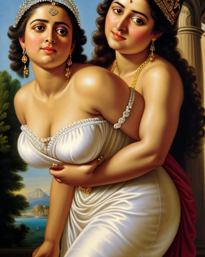 Looks like Anushka Shetty, Masterpiece, Best quality, high clarity eyes, critically flawless,sharp picture, Full portrait, High pixels, perfect face, perfect eyes, beautiful face, perfect hands,perfect fingers, in Peter Paul Rubens style, by Peter Paul Rubens, baroque style, acrylic on canvas, highly detailed, description: "Create a nymph inspired by the tales of Greek or Roman mythology, embodying the essence of a natural element or location, and possessing a unique ability or trait that sets her apart.", strapless Bra of ancient times, strapless bralette, armpits showing, detailed armpits, ravishing beauty queen, 