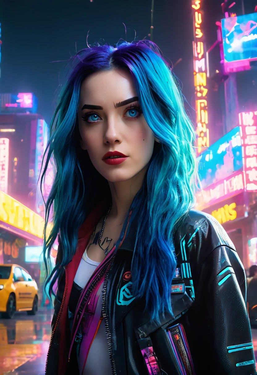 (Masterpiece, 8K, UHD, high resolution: 1.4), Jinx in the Spider-Verse style, (long, vibrant blue hair: 1.3), (bright and expressive eyes: 1.2), (stylized punk outfit with technological elements: 1.2), (dynamic and energetic pose: 1.2), (background with a futuristic and neon city: 1.1), (cartoon effects and layered graphics: 1.3), (vibrant and electrifying atmosphere: 1.3), intricate and stylized details, (elements of fantasy and action: 1.2), (dynamic and captivating perspective: 1.3)