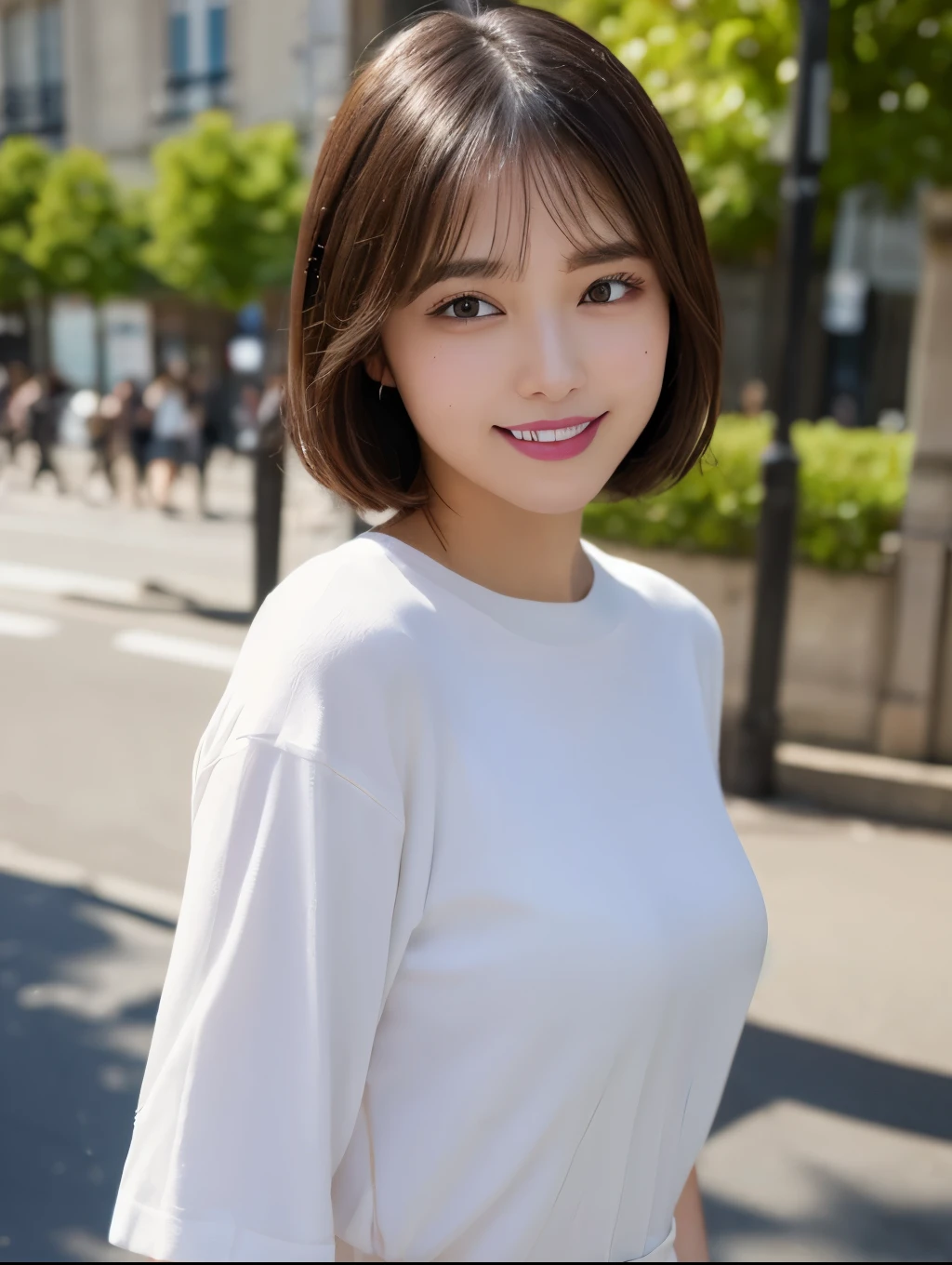 Highest quality, Super detailed, In detail, High resolution, 8k wallpaper, Perfect dynamic composition, Beautiful attention to detail,Short Bob Hair,Small breasts 、A noble brand of clean, oversized clothing、Natural color lip, Bold sexy pose,smile,20-year-old girl、cute、sexy shot looking at camera、High angle shot、teeth、Curvy but slim、Apple Watch、bracelet、Wink、cheek、Natural Makeup、Paris Fashion Week、actor、Looking up、Thin eyebrows、hair accessory、Shimokitazawa、plant、Mole、Show your side、summer、Complicated clothes