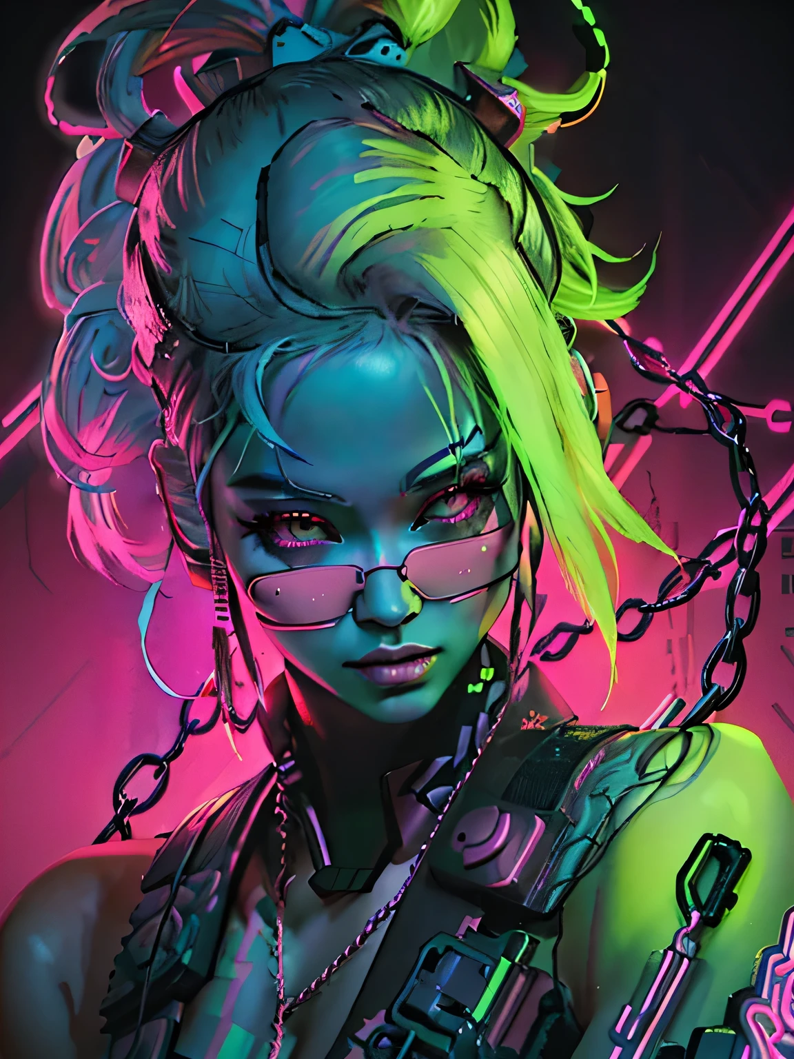 a close up of a woman with neon hair and chains, cyberpunk art style, rossdraws cartoon vibrant, dark neon punk, neon and dark, bright cyberpunk glow, neon cyberpunk style, neon cyberpunk, cyberpunk themed art, neon cyberpunk colors, cyberpunk artstyle, cyberpunk style color, neonpunk, cyberpunk 2077 rossdraws, digital cyberpunk anime art, cyberpunk neon