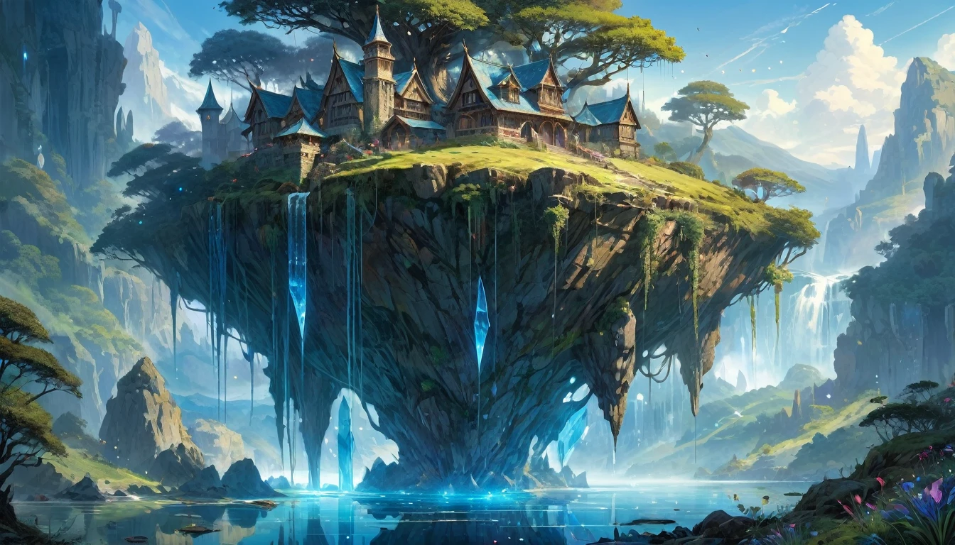"(author：Greg Rutkoski: 1.2), (masterpiece), (best quality), extremely delicate and beautiful, illustration, (Fantasy Landscape), A mesmerizing Fantasy Landscape with enchanting elements blending seamlessly. ((A fantasy kingdom filled with fantasy creatures)), Huge crystals, Decorated with vibrant blue light，Reflecting the surrounding environment. There is a sense of tranquility and wonder in the air, Invite exploration and discovery. provide vision，Capture grandeur and atmosphere. by Brian Froud、Carne Griffiths、Wadim Kashin 和 John William Waterhouse, 8k post production, High resolution, Super detailed, Depth of Field, high dynamic range, Wheels within wheels"