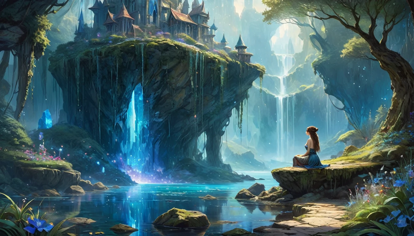 "(author:Greg Rutkoski: 1.2), (masterpiece), (best quality), extremely delicate and beautiful, illustration, (Fantasy Landscape), A mesmerizing Fantasy Landscape with enchanting elements blending seamlessly. ((A fantasy kingdom filled with fantasy creatures)), Huge crystals, Decorated with vibrant blue light,Reflecting the surrounding environment. There is a sense of tranquility and wonder in the air, Invite exploration and discovery. provide vision,Capture grandeur and atmosphere. by Brian Froud、Carne Griffiths、Wadim Kashin 和 John William Waterhouse, 8k post production, High resolution, Super detailed, Depth of Field, high dynamic range, Wheels within wheels"