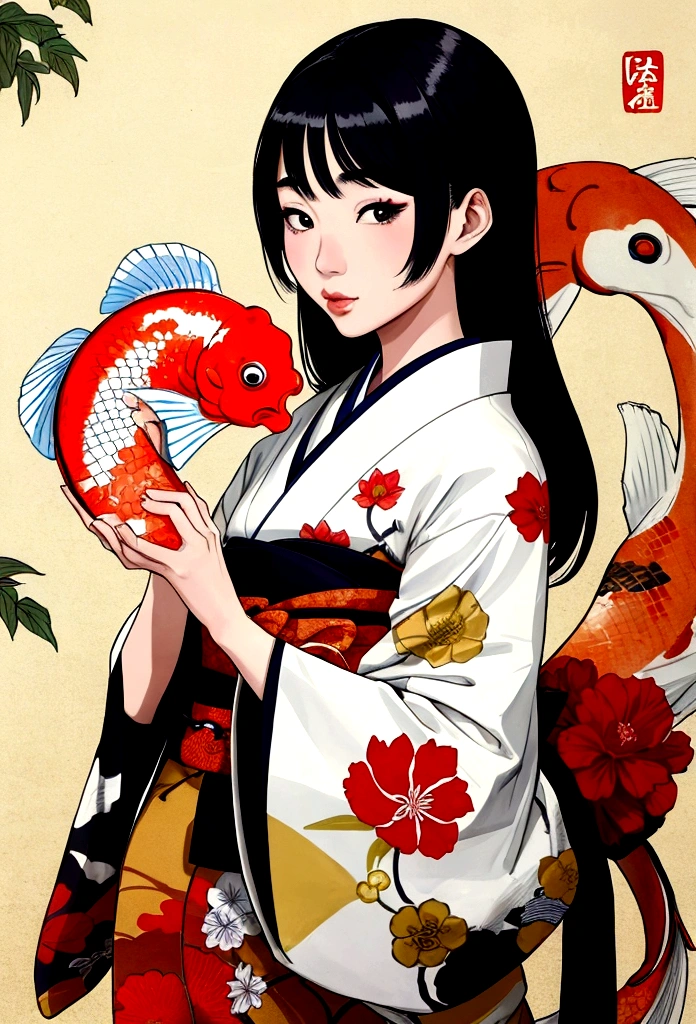 a Japanese woman with a koi fish face