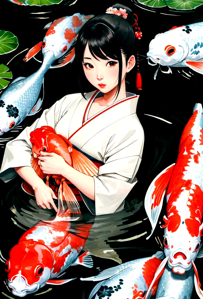 a Japanese woman with a koi fish face