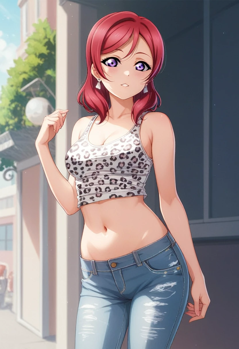Masterpiece, love live,sexy,facial details,solo, detailed body part details, cowboy shot, navel, breasts,8k wallpaper, looking at viewer, nishikino maki, low waisted jeans pants, white underwear, leopard printed tank top, earrings,in street, earrings, purple eyes, standing ,red hair