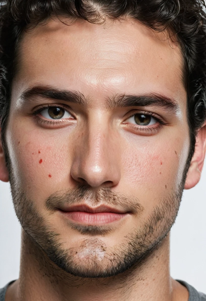 A white young man with a rectangular face, Brazilian, appearing to be around 25 years old. He has black hair, short and slightly messy in the front, with some strands falling over his forehead. His skin shows signs of dermatological irritation, with visible redness in the forehead area, mainly between the eyebrows and nose, as well as red spots on the cheeks and jaw. His face is beatiful, with well-defined facial features. He has large, dark eyes, thin, contoured eyebrows and a straight nose. His lips are medium in size, and he has stubble, indicating that he has not shaved recently.hansome,beatiful, like a Henry Cavil