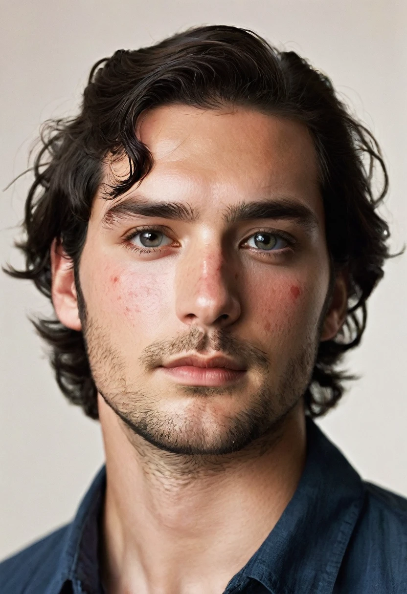 A white young man with a rectangular face, Brazilian, appearing to be around 25 years old. He has black hair, short and slightly messy in the front, with some strands falling over his forehead. His skin shows signs of dermatological irritation, with visible redness in the forehead area, mainly between the eyebrows and nose, as well as red spots on the cheeks and jaw. His face is beatiful, with well-defined facial features. He has large, dark eyes, thin, contoured eyebrows and a straight nose. His lips are medium in size, and he has stubble, indicating that he has not shaved recently.hansome,beatiful, like a Henry Cavil