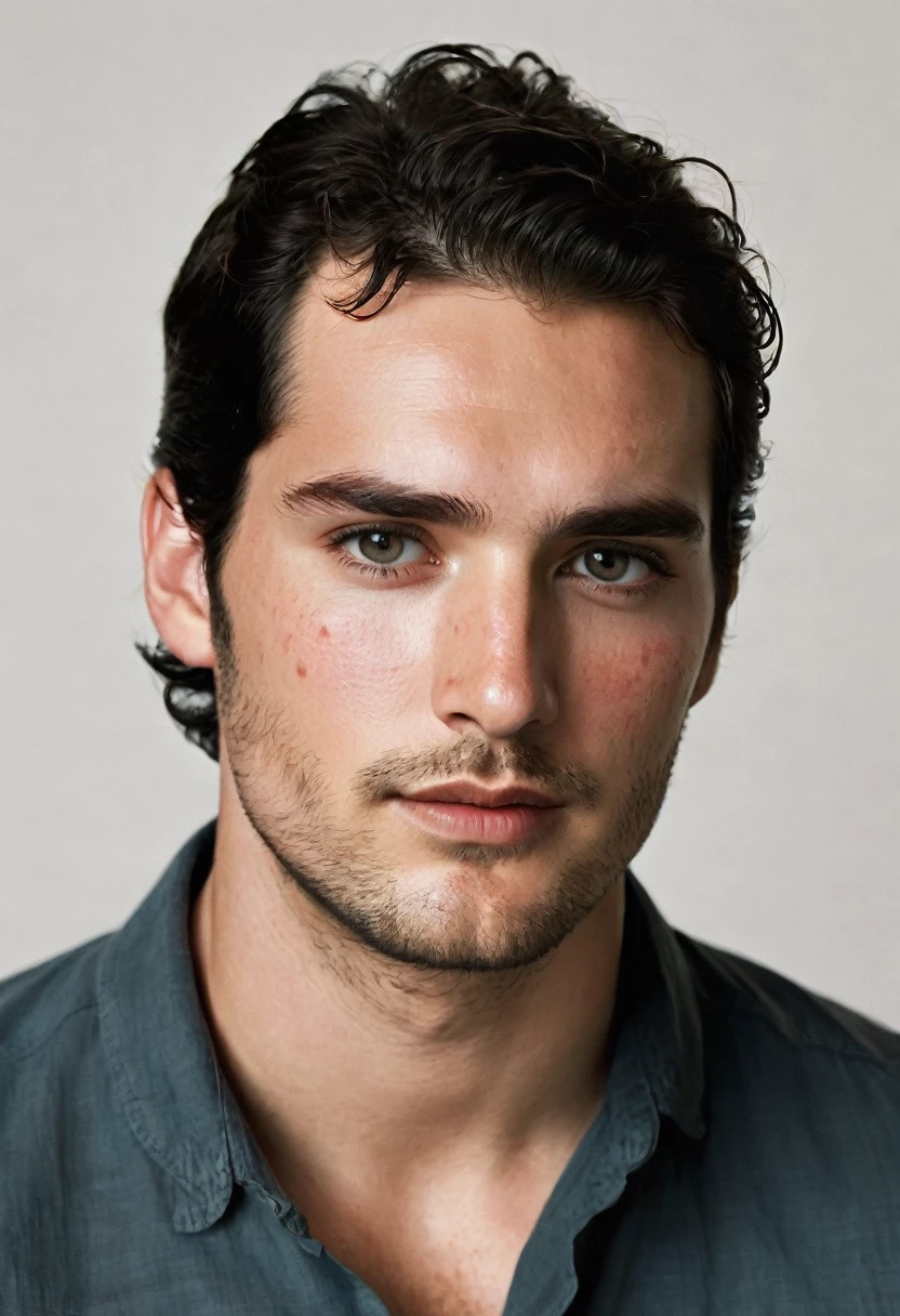 A white young man with a rectangular face, Brazilian, appearing to be around 25 years old. He has black hair, short and slightly messy in the front, with some strands falling over his forehead. His skin shows signs of dermatological irritation, with visible redness in the forehead area, mainly between the eyebrows and nose, as well as red spots on the cheeks and jaw. His face is beatiful, with well-defined facial features. He has large, dark eyes, thin, contoured eyebrows and a straight nose. His lips are medium in size, and he has stubble, indicating that he has not shaved recently.hansome,beatiful, like a Henry Cavil