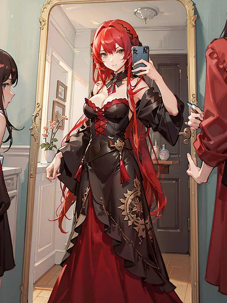 (masterpiece), best quality, expressive eyes, perfect face, girl, (taking selfie in mirror), expressive eyes, lewd expression, cleavage, ((red hair)), ((expressive thight clothes)),