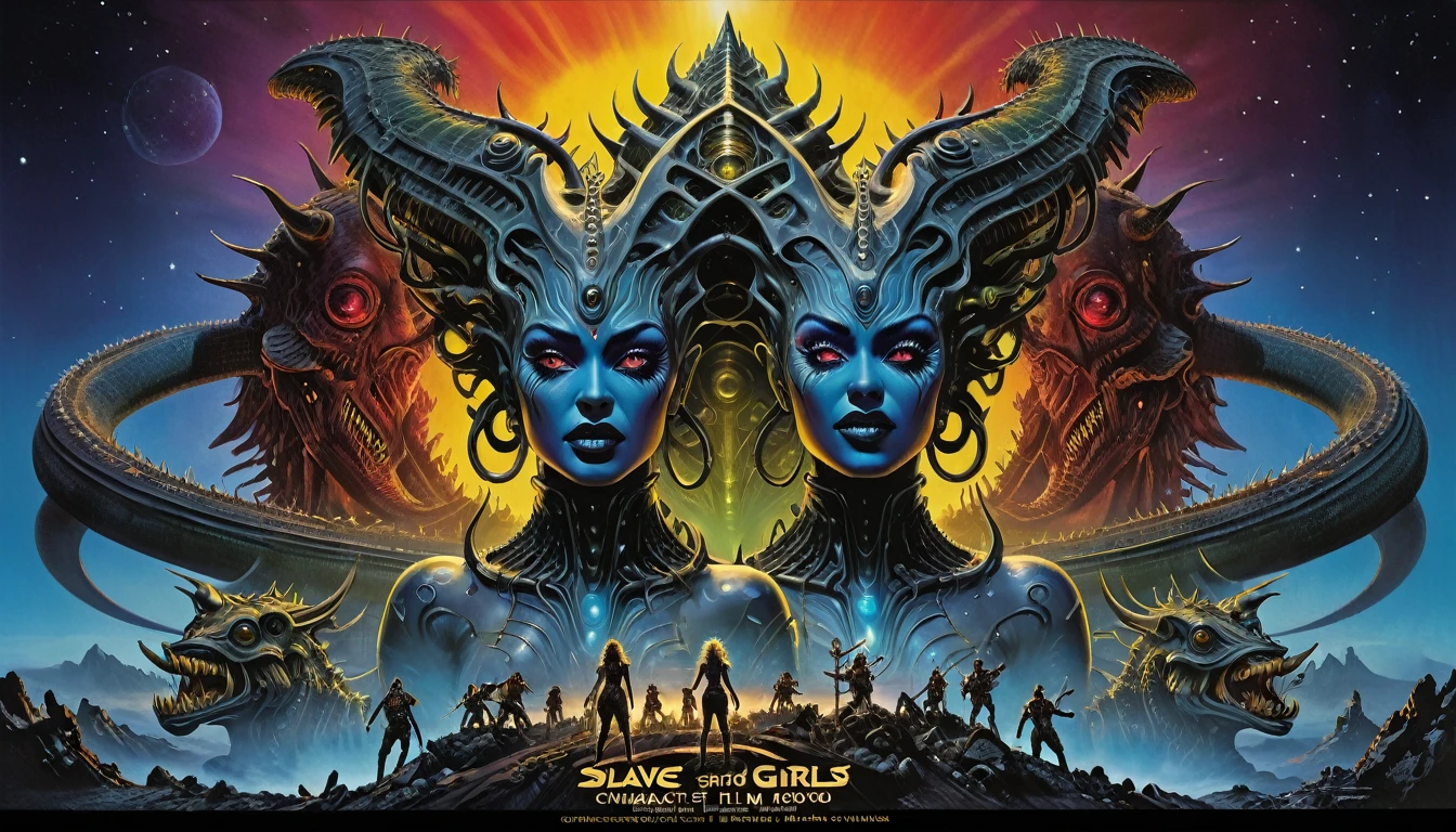 a movie poster for slave girls from beyond infinity, inspired by Clyde Caldwell, futuristic apocalypse, stalenhag, metal album cover, gwar, heavy metal band promo, wayne barlowe pierre pellegrini, retro sci fi, movie poster no text, movie poster promo, ultra detailed, complex, sharp focus, object texture, studio photo, intricate details, highly detailed, Real Photo style, hyper-realistic, high dynamic range, rich colors, realistic textures, 8K uhd, high color depth, Nikon D 850, Kodak 400 port, fujifilm XT, (cinematic film:3.1)