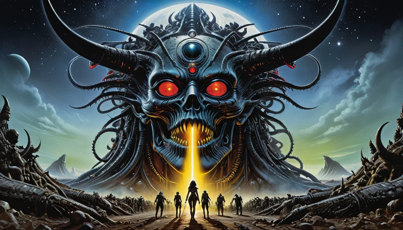 a movie poster for slave girls from beyond infinity, inspired by Clyde Caldwell, futuristic apocalypse, stalenhag, metal album cover, gwar, heavy metal band promo, wayne barlowe pierre pellegrini, retro sci fi, movie poster no text, movie poster promo, ultra detailed, complex, sharp focus, object texture, studio photo, intricate details, highly detailed, Real Photo style, hyper-realistic, high dynamic range, rich colors, realistic textures, 8K uhd, high color depth, Nikon D 850, Kodak 400 port, fujifilm XT, (cinematic film:3.1)