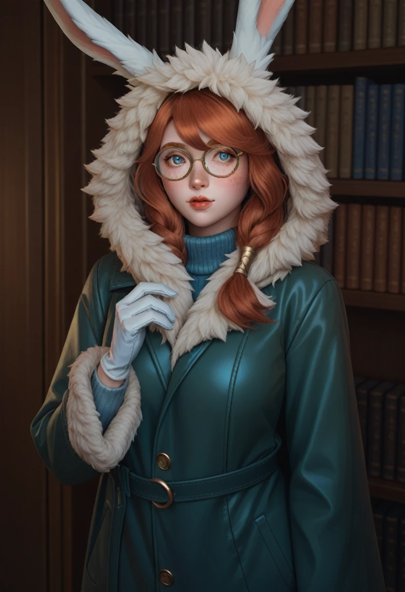 check_9, check_8_up, check_7_up, Polar Lights (League of Legends), 1 girl, freckles, bang, Hair, green raincoat, fur trim, hood up, the library, round glasses, opaque glasses, White gloves, bunny ears, naked, big breasts, hips