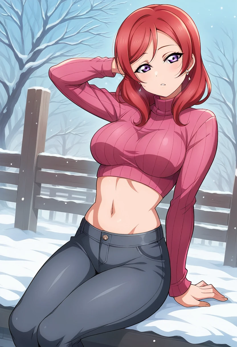 Masterpiece, love live,sexy,facial details,solo, detailed body part details, cowboy shot, midriff, breasts,8k wallpaper, looking at viewer, nishikino maki, low waisted leather pants,tight ,(sweater crop top), earrings,in street,snow,red hair ,purple eyes, sitting on fence,bored, half closed eyes,snow breath, arms support,head back ,head tilt