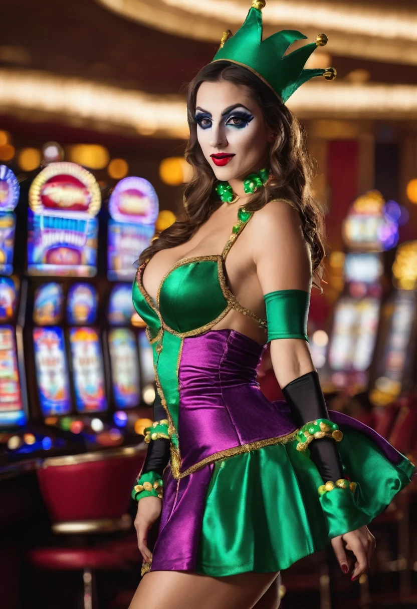 sexy jester woman costume, full breasts, stunning sexy, provocative look, made up, provocative look, offering casino chips to viewer, close up, realistic, 4k, professional photography