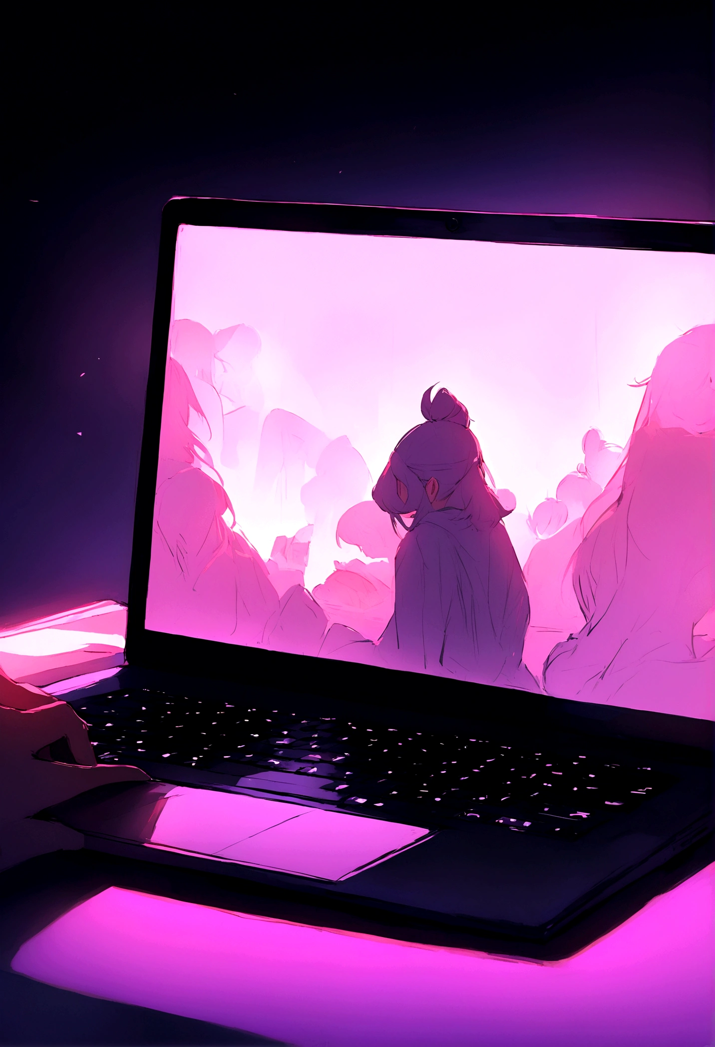 background image referring to a process, in the foreground person working on a laptop 