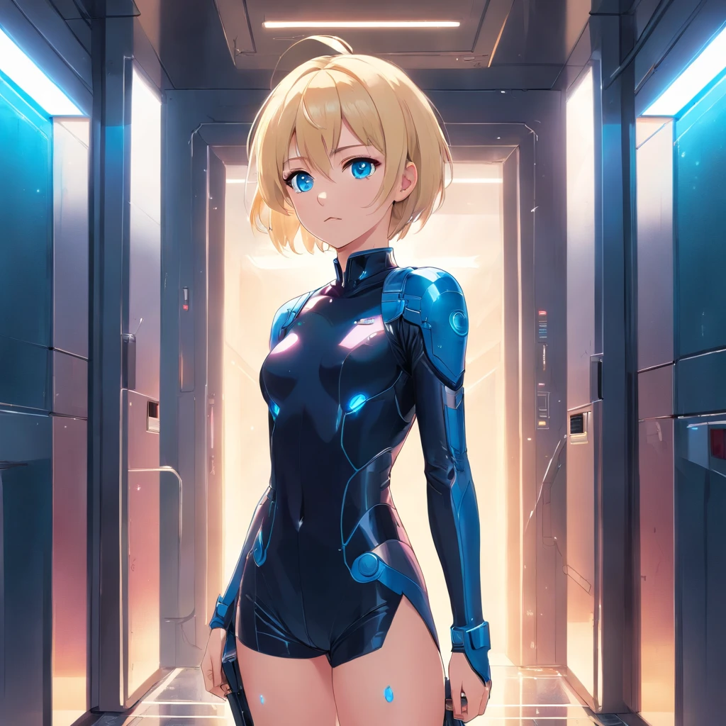 17 years old Women, ((Blonde)), ((Blue eyes)), ((Short hair)), ((Full shot)), very detailed makeup, pale pink lipstick, wear sexy black body suite, standing in a Battlestar in front of a space door, she has a light saber qnd her actitude is defensive((wet floor))