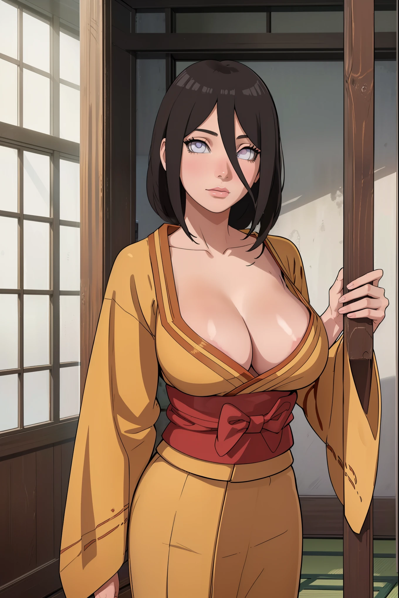 (masterpiece:1.2, best quality:1.2, beautiful, high quality, highres:1.1), detailed, extremely detailed 4K, perfect eyes, perfect face, perfect lighting, (1girl, solo, adult female, mature female), thin, Hanabi Hyuga, big breasts, ((traditional japanese indoor, yellow kimono, slight view of cleavage))