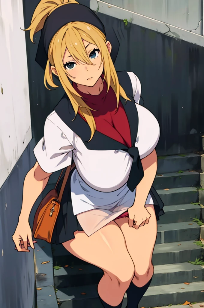 A high school girl with a huge futanari erection and no panties urinates on the stairs