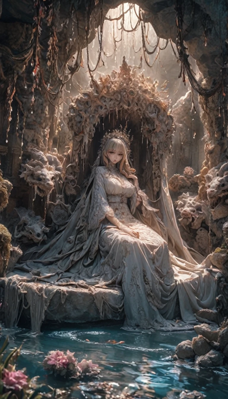 Grotto Room,(((Full of crystals)))Dragons,Water flow,The light is very dark,Magik(((Horror atmosphere)))(((masterpiece))), ((best quality)), ((Intricate detailing)), ((surrealism))(8K)
