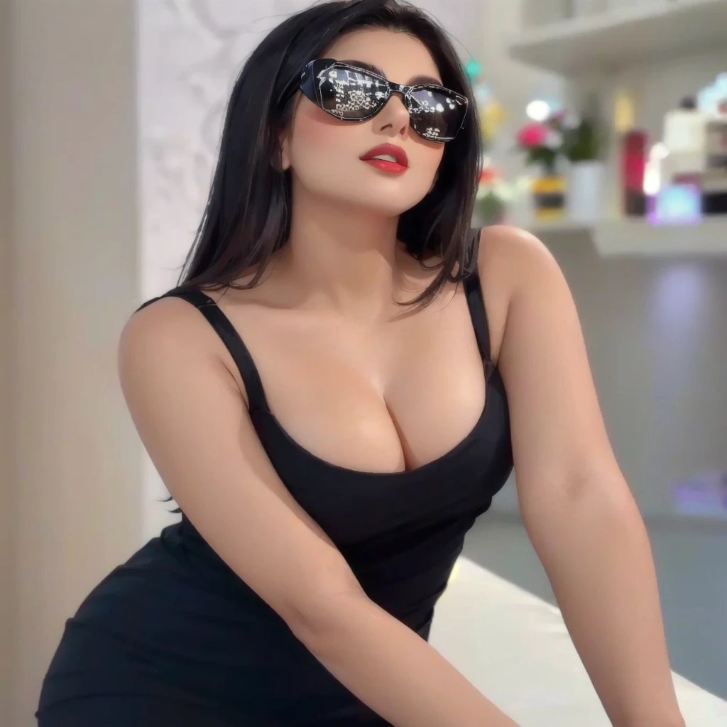 a close up of a woman wearing sunglasses and a black dress, sexy dress, sexy girl, with beautiful exotic, jaw-dropping beauty, wearing a tight black dress, sexy :8, very seductive pose, jaw dropping beauty, sexy look, sexy look at the camera, 18 years old, tight dress, sexy girl with dark complexion, 2 , cleavage, big