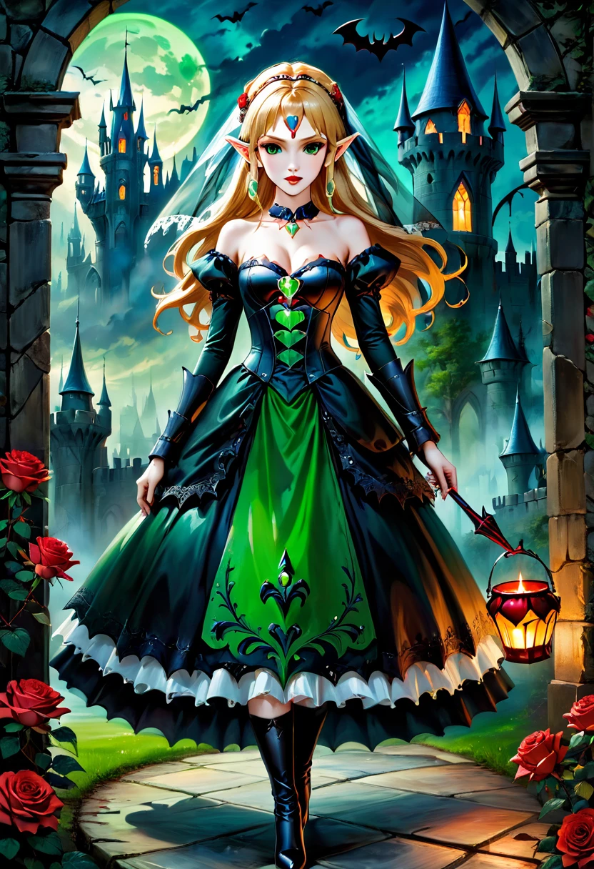 Dark fantasy art, fantasy art, goth art,  a picture of the elf Princess Zelda as vampire, exquisite beauty, full body shot, dark glamour shot, pale white skin, blond hair, long hair, wavy hair, (glowing green: 1.3) eyes, she  wears a ((green: 1.3)) intricate armor, thigh high heels, , ArmoredDress, the roses are imprinted on the dress (black: 1.4)  black roses betmd, high heells, dark castle porchm, dark, black and colorm, Dark Art Painting Style, hud_s1n, short black dress, long sleeves, veil, thighhighs, goth person