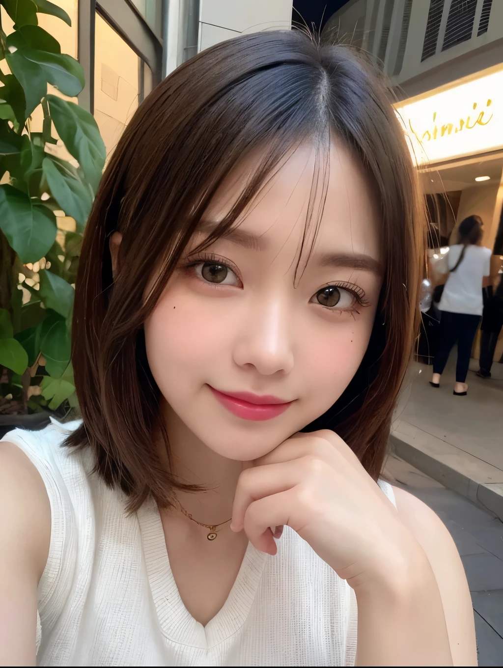 Highest quality, Super detailed, In detail, High resolution, 8k wallpaper, Perfect dynamic composition, Beautiful attention to detail,Short Bob Hair,Small breasts 、Natural color lip, Bold sexy pose,smile,20-year-old girl、cute、sexy shot looking at camera、High angle shot、teeth、Curvy but slim、Apple Watch、bracelet、Wink、cheek、Natural Makeup、Paris Collection Fashion、actor、Looking up、Thin eyebrows、hair band、Shimokitazawa、plant、Mole、Show your side、summer、Complicated clothes