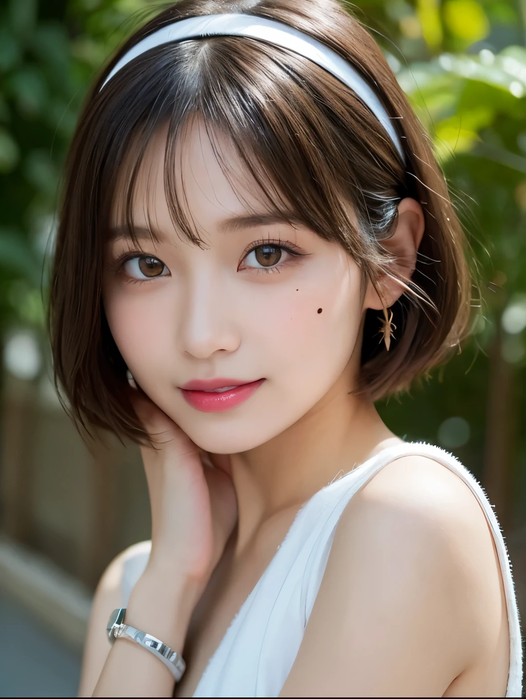Highest quality, Super detailed, In detail, High resolution, 8k wallpaper, Perfect dynamic composition, Beautiful attention to detail,Short Bob Hair,Small breasts 、Natural color lip, Bold sexy pose,smile,20-year-old girl、cute、sexy shot looking at camera、High angle shot、teeth、Curvy but slim、Apple Watch、bracelet、Wink、cheek、Natural Makeup、Paris Collection Fashion、actor、Looking up、Thin eyebrows、hair band、Shimokitazawa、plant、Mole、Show your side、summer、Complicated clothes