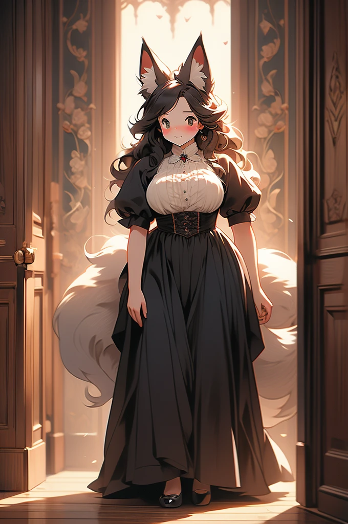 maid, maid uniform, fox ears, fox tail, voluptuous, powerful, plump, black fur, hallway, wooden walls, victorian style, blush, shy, standing in a door frame