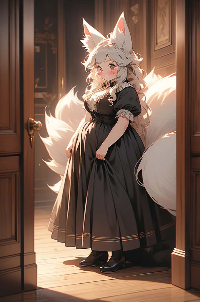 maid, maid uniform, fox ears, fox tail, voluptuous, powerful, plump, black fur, hallway, wooden walls, victorian style, blush, shy, standing in a door frame