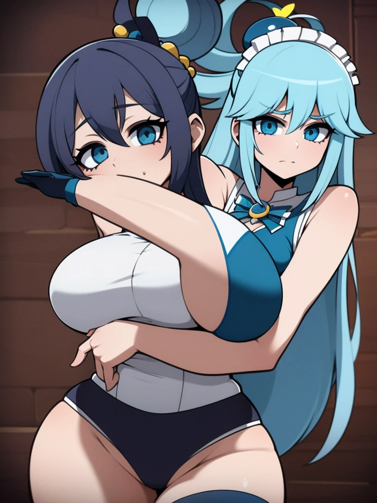 1 girl, Aqua Konosuba, sexy pose, maid costume, черные stockings, black gloves, Black corset, white panties, stockings, huge breasts, huge ass