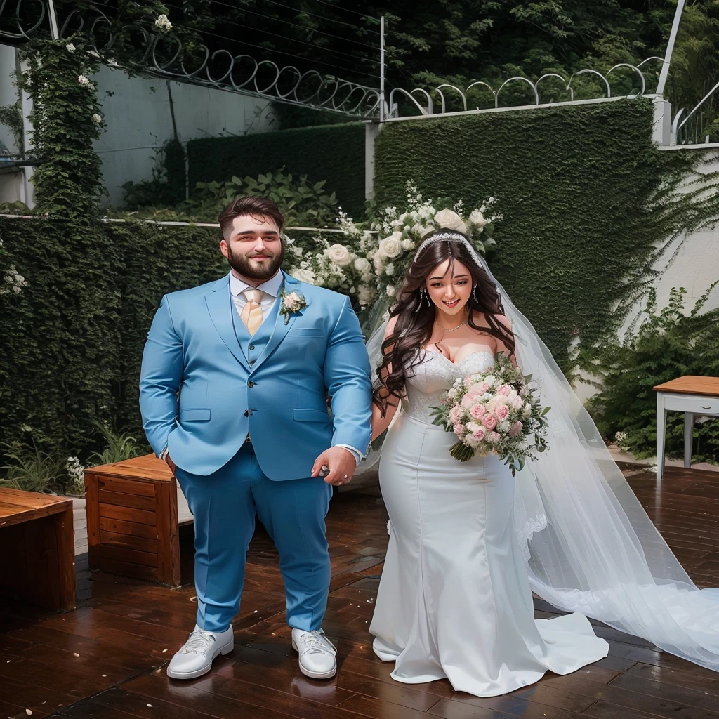 Groom in light blue suit, beard and short dark brown hair. Bride in a white dress holding a bouquet, long dark brown hair.
