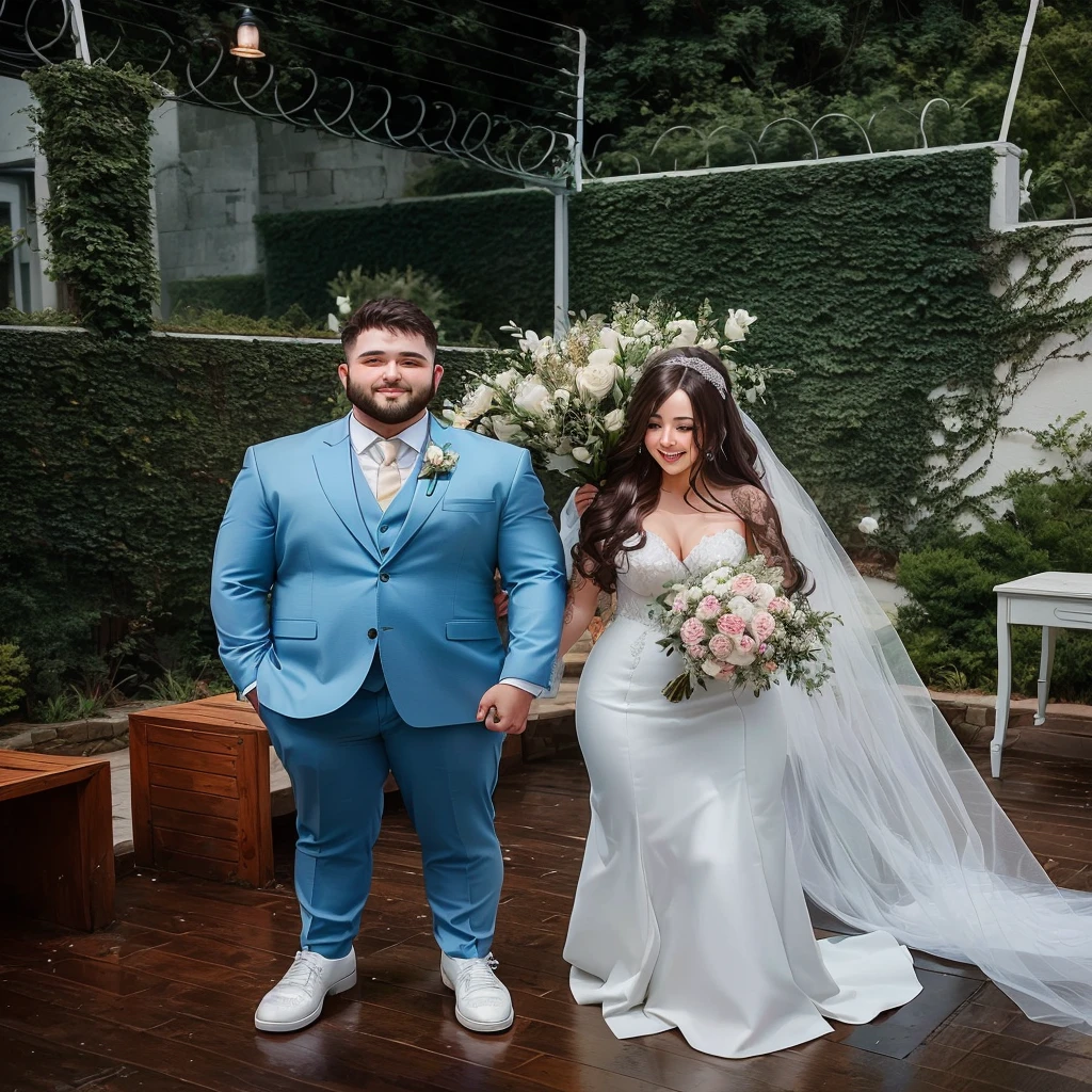 Groom in light blue suit, beard and short dark brown hair. Bride in a white dress holding a bouquet, long dark brown hair.