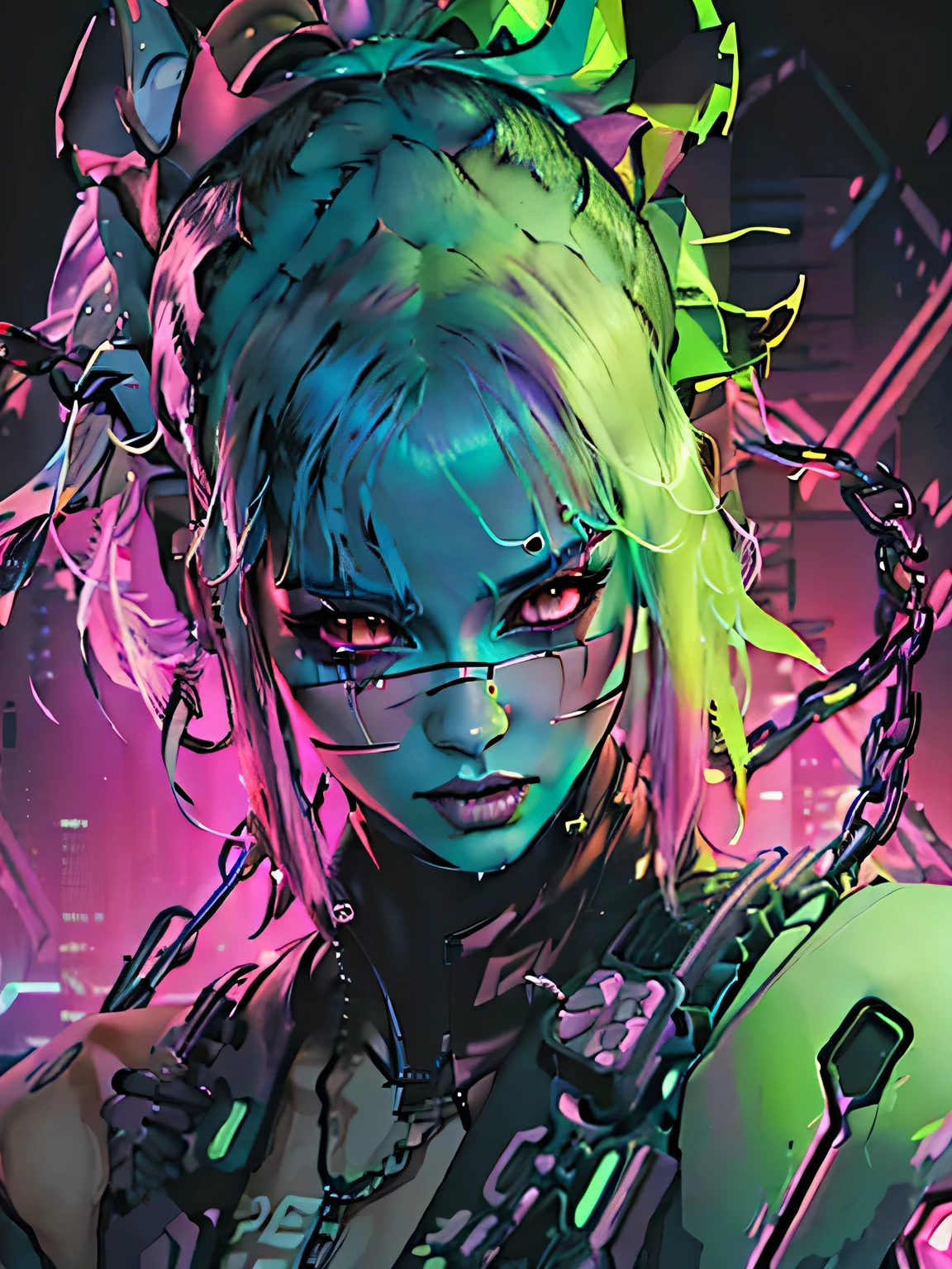 a close up of a woman with neon hair and chains, cyberpunk art style, rossdraws cartoon vibrant, dark neon punk, neon and dark, bright cyberpunk glow, neon cyberpunk style, neon cyberpunk, cyberpunk themed art, neon cyberpunk colors, cyberpunk artstyle, cyberpunk style color, neonpunk, cyberpunk 2077 rossdraws, digital cyberpunk anime art, cyberpunk neon