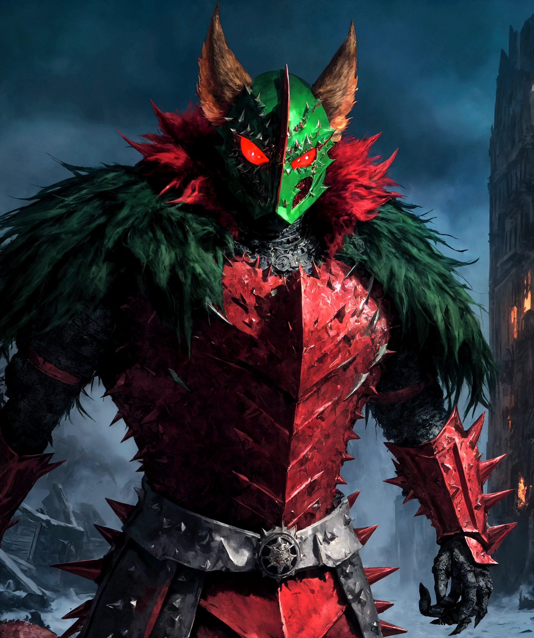 (extremely detailed 8k wallpaper), a medium shot photo of Grim dressed as a scary masked red and green furry-supervillain in a red and green spiked armour made of fur glowing armour with spikes from marvel, theme, intricate, high detail, dramatic, furry monster and destroyed buildings in the background