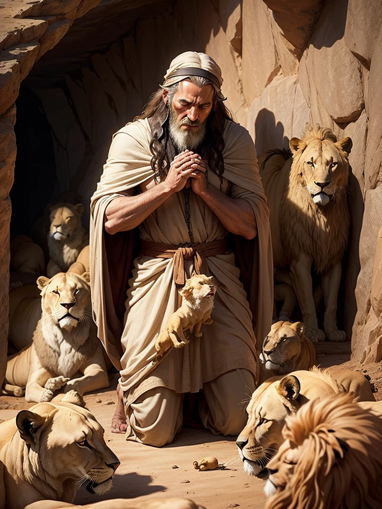 A Man Resembling Moses,Biblical Story Kneeling and praying in a cave with several lions lying around him and in front of him,Realistic and high quality image