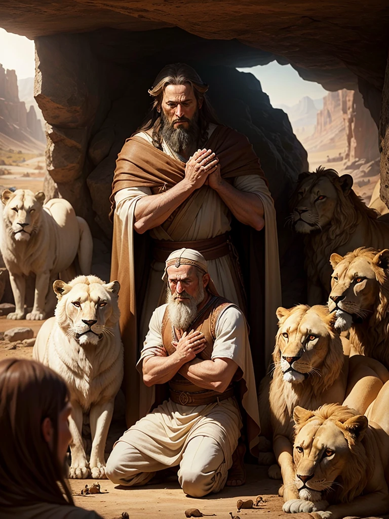 A Man Resembling Moses,Biblical Story Kneeling and praying in a cave with several lions lying around him and in front of him,Realistic and high quality image
