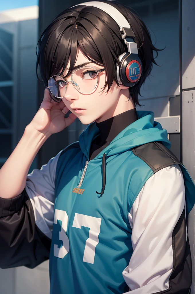 Ren Amamiya Persona,Boy Anime,football uniform, glasses, headphones on head