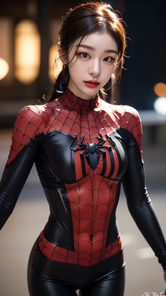 tmasterpiece,1 Korean girl,realisticlying,8K UHD,high high quality,in the background bokeh, spider-man suit,Spidey,Clothes wrap around the whole body,Tight clothing,Abs contour,Short black hair,s the perfect face,shining face,Ultra-clear face,Elaborate Eyes,idoly