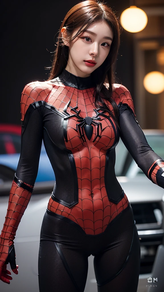 tmasterpiece,1 Korean girl,realisticlying,8K UHD,high high quality,in the background bokeh, spider-man suit,Spidey,Clothes wrap around the whole body,Tight clothing,Abs contour,Short black hair,s the perfect face,shining face,Ultra-clear face,Elaborate Eyes,idoly