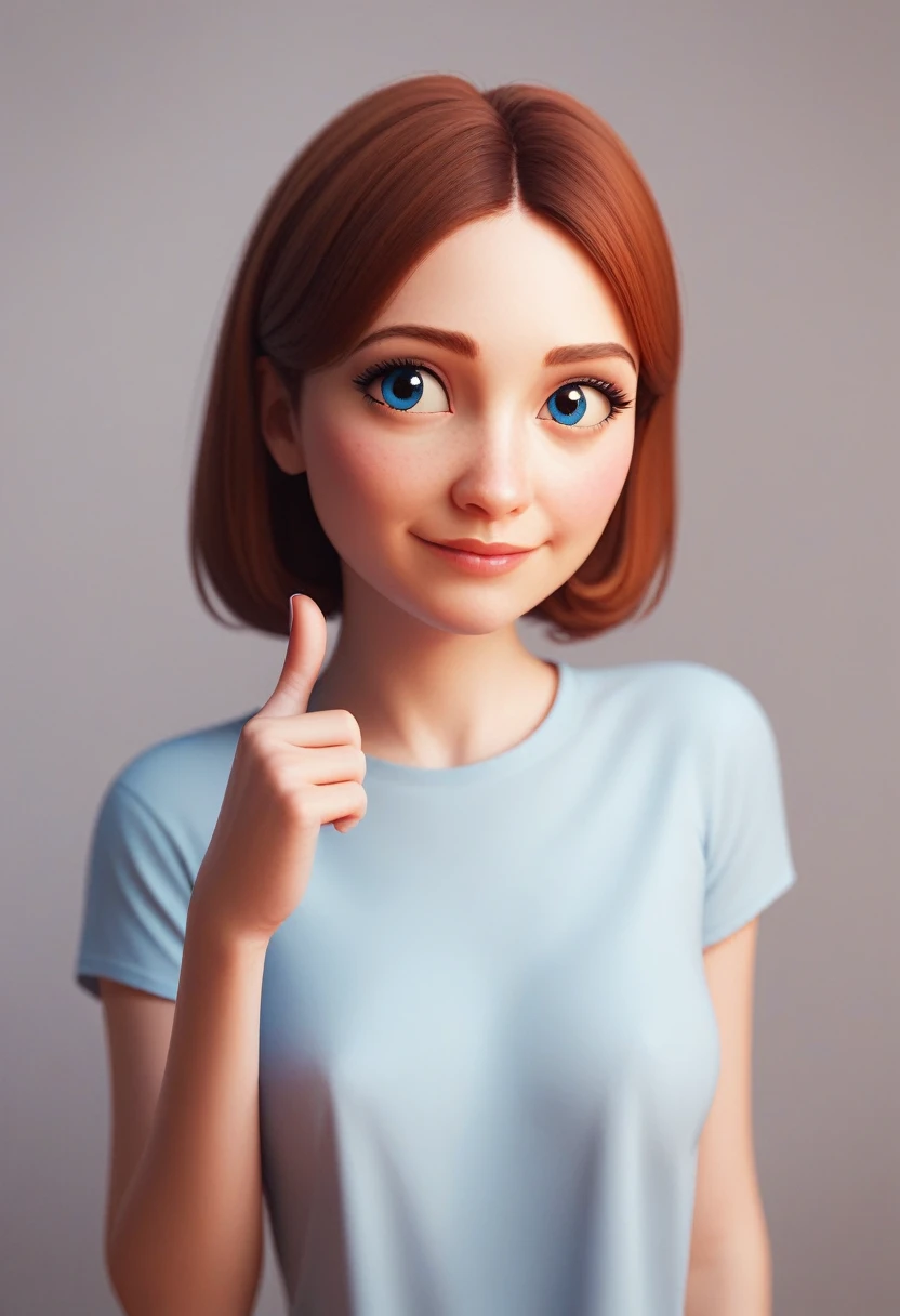 /imagine a realistic Pixar-style 3d animated version of myself. Giving a thumbs-up with both hands, shirt blue, low hair, Grinning
