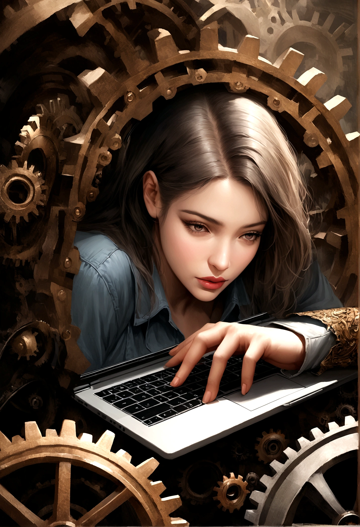 realistic image, deep down gears, in the foreground person working on a laptop