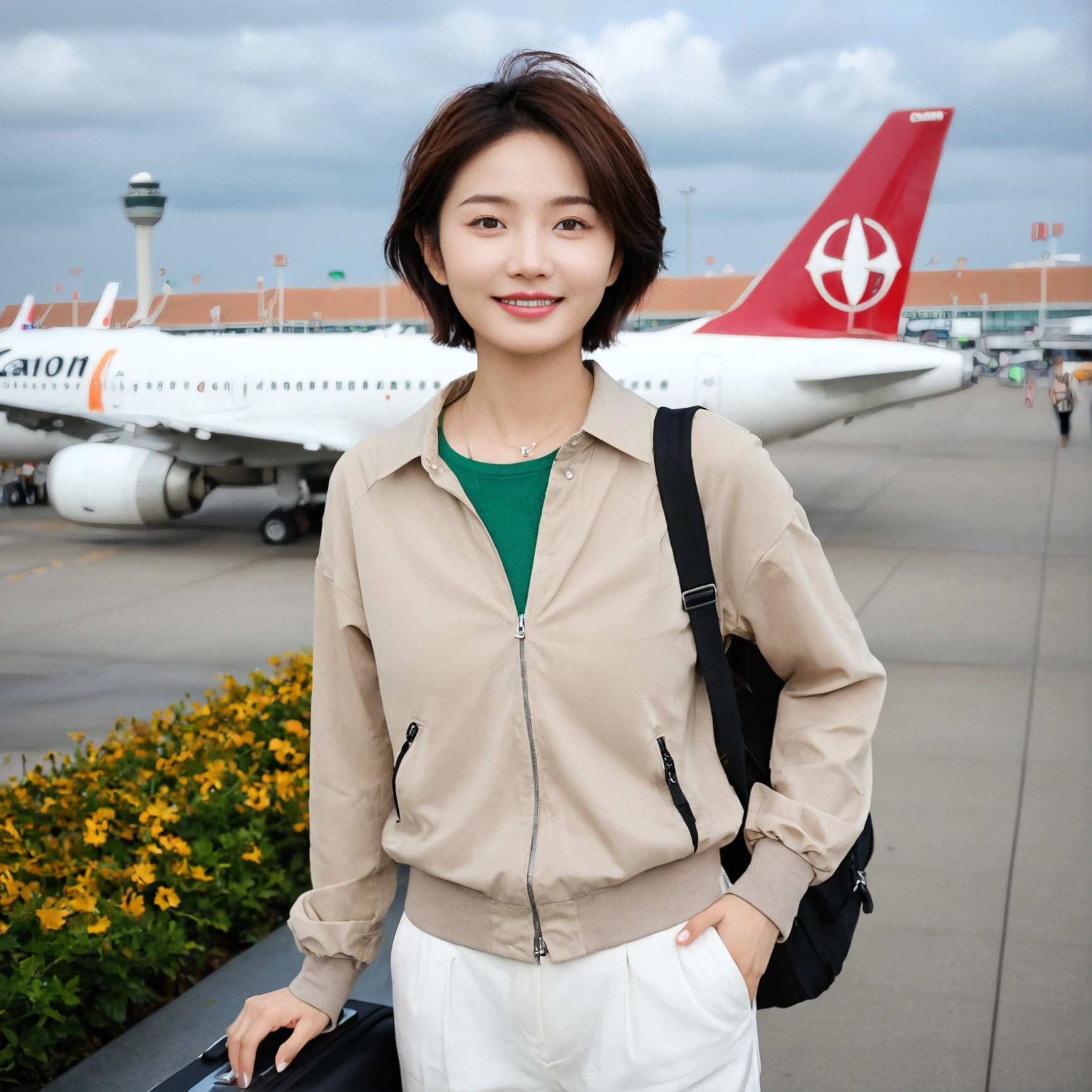 beautiful korean girl , 32 inch chest size, Your eyes are big and pretty. Short in stature. Standing in the departure hall of the airport. . short medium hair, Standing in line at the departure hall of Frankfurt Airport, Germany. He wore a white shirt, a green jumper, and white casual pants.s.Dragging a suitcase. short medium hair, short height, Full body shot with Canon camera 16-35 wide angle lens, short medium hair. expressionless, full body shot, Express your fingers perfectly, perfect fingers, Make the airport electronic display visible, uhd