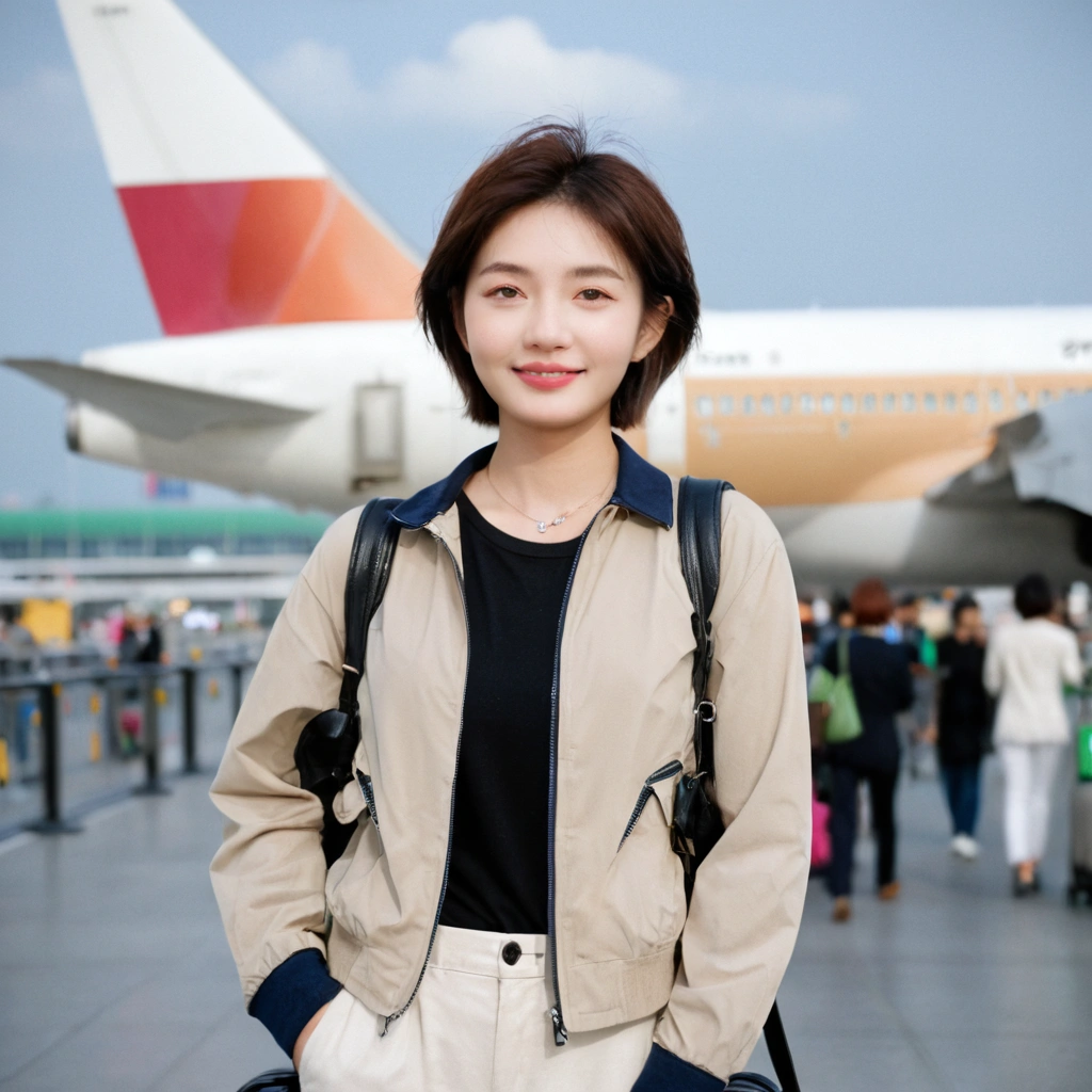 beautiful korean girl , 32 inch chest size, Your eyes are big and pretty. Short in stature. Standing in the departure hall of the airport. . short medium hair, Standing in line at the departure hall of Frankfurt Airport, Germany. He wore a white shirt, a green jumper, and white casual pants.s.Dragging a suitcase. short medium hair, short height, Full body shot with Canon camera 16-35 wide angle lens, short medium hair. expressionless, full body shot, Express your fingers perfectly, perfect fingers, Make the airport electronic display visible, uhd