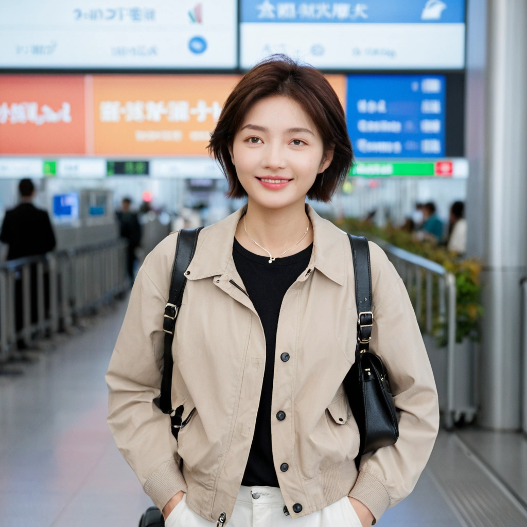 beautiful korean girl , 32 inch chest size, Your eyes are big and pretty. Short in stature. Standing in the departure hall of the airport. . short medium hair, Standing in line at the departure hall of Frankfurt Airport, Germany. He wore a white shirt, a green jumper, and white casual pants.s.Dragging a suitcase. short medium hair, short height, Full body shot with Canon camera 16-35 wide angle lens, short medium hair. expressionless, full body shot, Express your fingers perfectly, perfect fingers, Make the airport electronic display visible, uhd