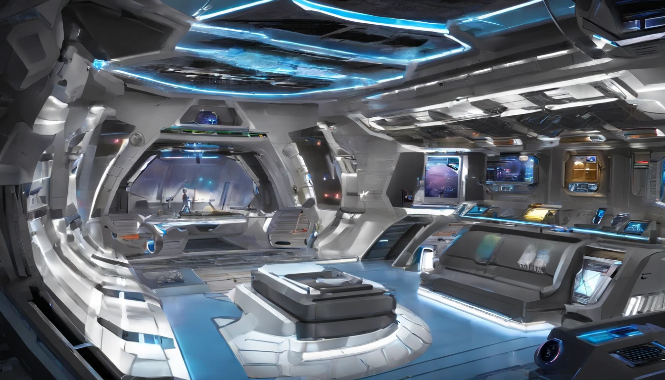 (((Space Station's interior))).There are starships of many sizes, shapes, colors,& ship condition.Some need repairs,need a refit,& others need a complete overhaul.The styles are, from Gerry and Silvia Anderson,& Judith Garfield & Reeves-Stevens.Ships are being fixed, Inside the docking bay.There is wall screen showing a research lab.Men, women, droids, cyborgs,aliens working.