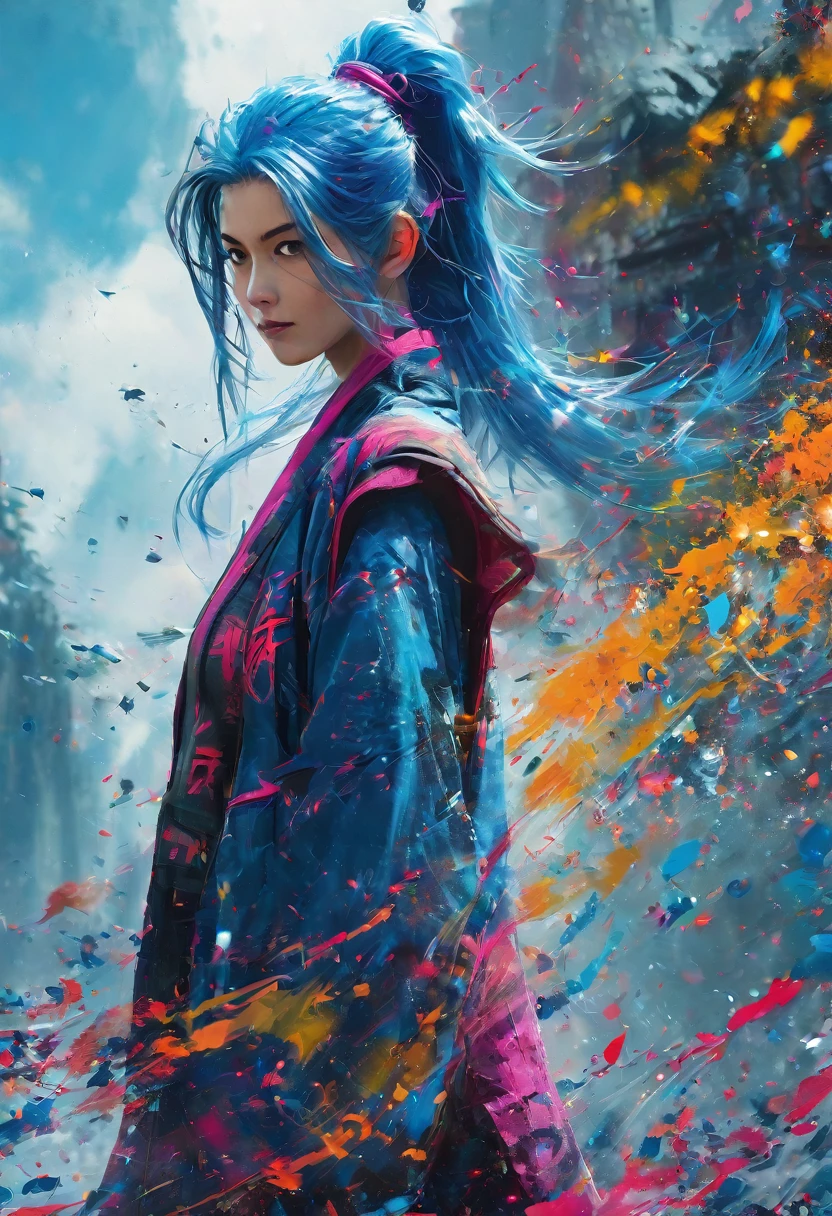 (Masterpiece, 8K, UHD, high resolution: 1.4), Jinx in the Spider-Verse style, (long, vibrant blue hair: 1.3), (bright and expressive eyes: 1.2), (stylized punk outfit with technological elements: 1.2), (dynamic and energetic pose: 1.2), (background with a futuristic and neon city: 1.1), (cartoon effects and layered graphics: 1.3), (vibrant and electrifying atmosphere: 1.3), intricate and stylized details, (elements of fantasy and action: 1.2), (dynamic and captivating perspective: 1.3)