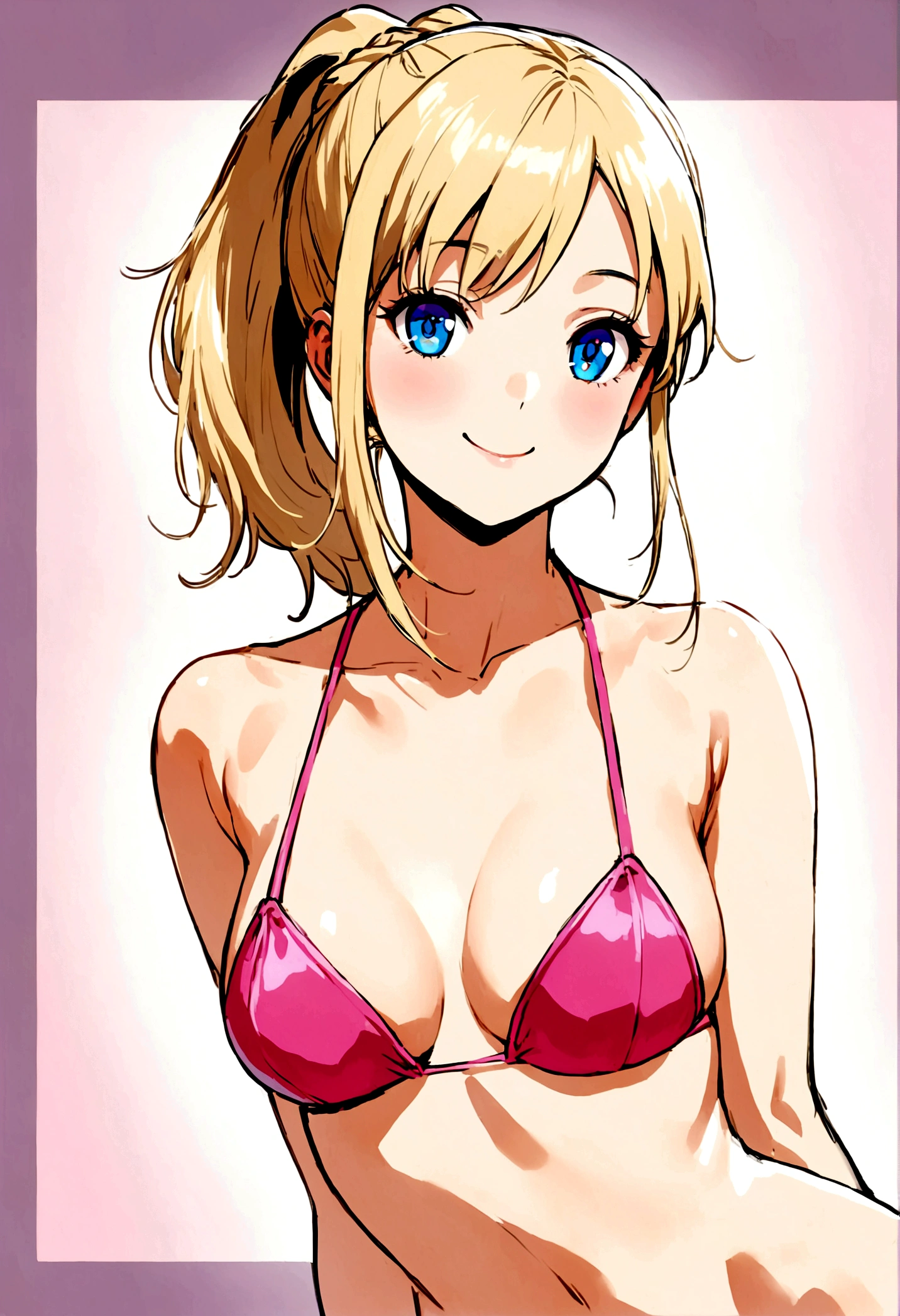 Beautiful, young white girl, long blonde hair tied in a ponytail, natural blue eyes, brightly smiling, wearing pink string bikini, posing in the style of a Playboy magazine centerfold, picture emphasizes her youth and beauty