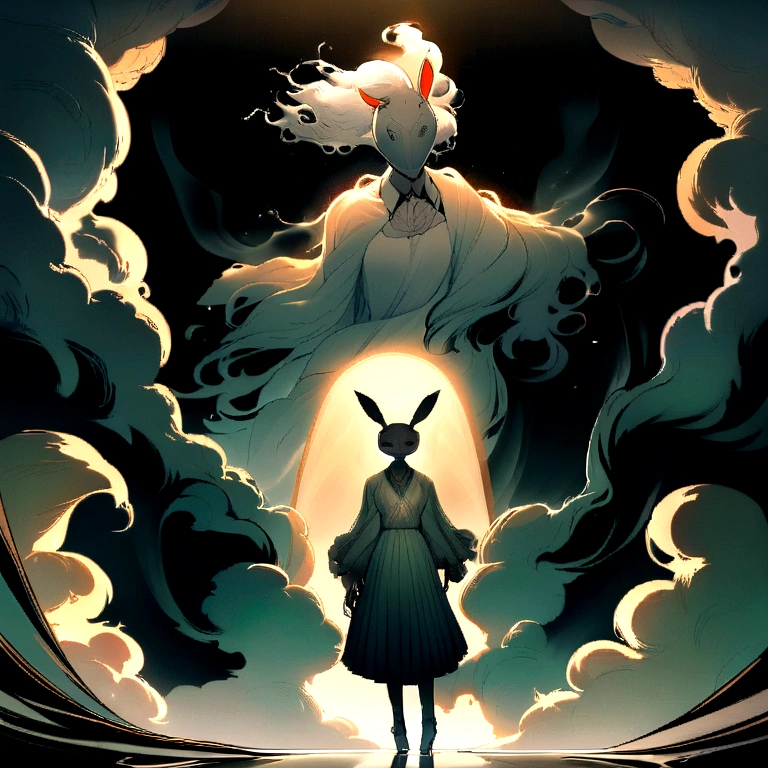 「Realistic manga-style digital art depicting a mysterious woman. The person&#39;s face is partially covered by a mask。A surreal, cartoon-style digital artwork depicting a mysterious woman。. The person&#39;s face is partially obscured by smoke.、Forming a mysterious rabbit mask。. The surroundings are filled with mist and subtle reflections., Highlighting the dreamlike fusion of the human figure and the element of smoke. Lighting should be cinematic, Creates dramatic shadows and highlights. There is a thin fog in the background.、Forms a transparent rabbit face with a scar on the face。." 🌟✨A bucket that forms a transparent rabbit mask. The surroundings are filled with mist and subtle reflections., Highlighting the surreal fusion of the human form and smoke elements. Lighting should be cinematic, Creates dramatic shadows and highlights. The background is mysterious smoke in the dark." 🌟✨